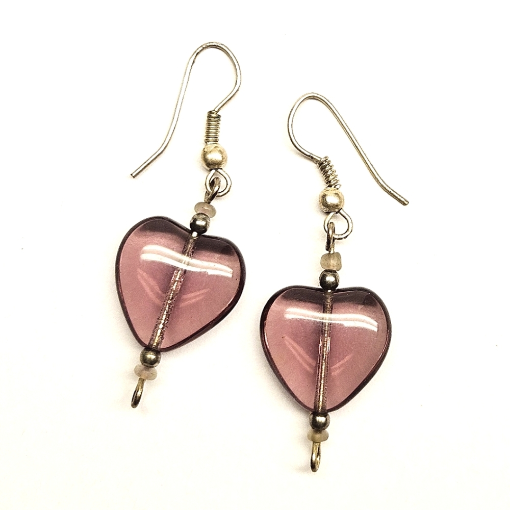 Glass Purple Heart Beaded Earrings